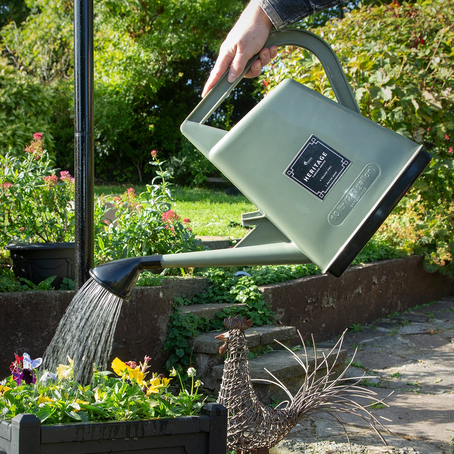 slate green watering can with attachment rose end nozzle spray  