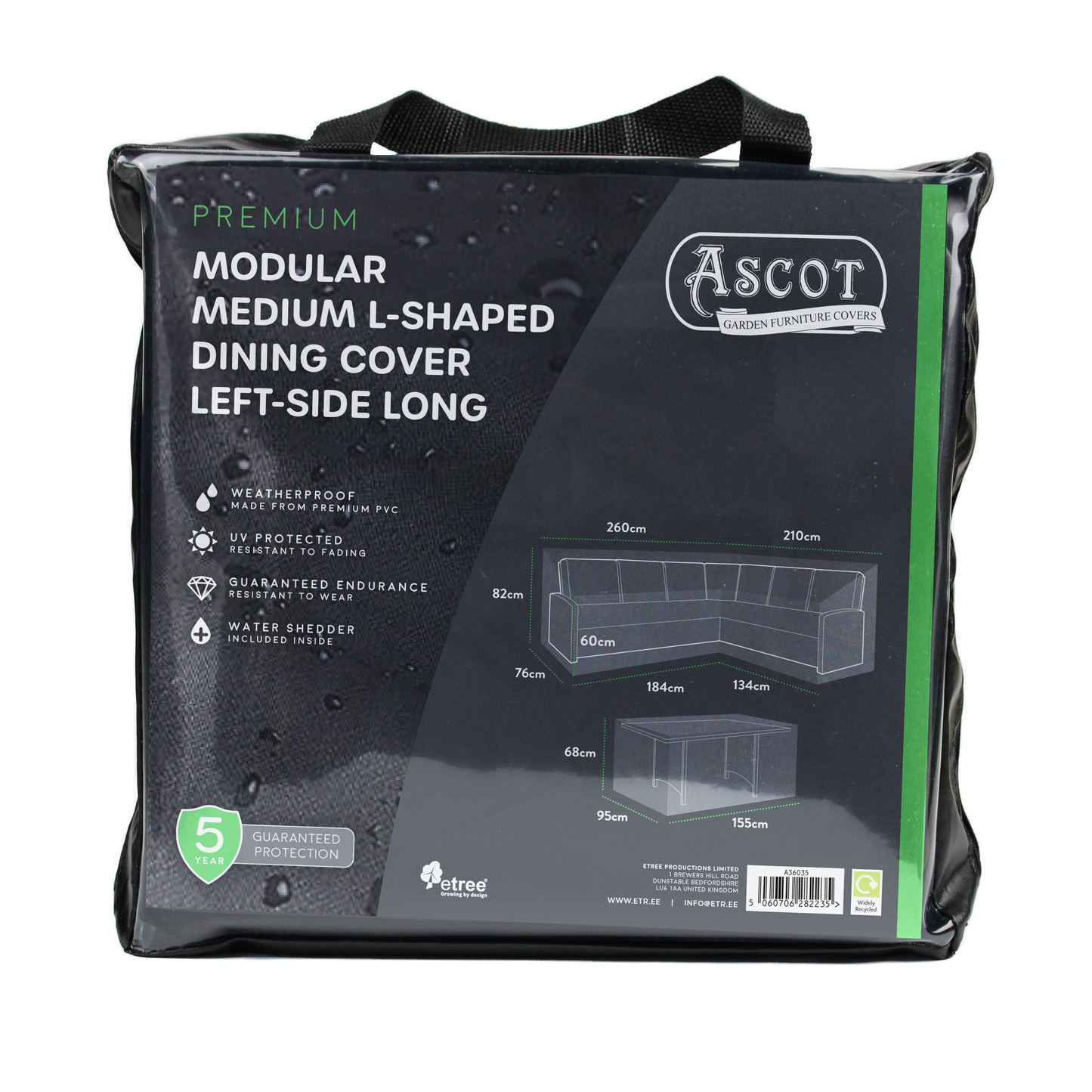 Premium Modular Medium L Shaped Dining Cover (left side long) - 260/184 X 210/134 X 76 (D) X 60/82 (H)
Table: 155 X 95 X 68 H