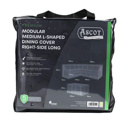 Premium Modular Medium L Shaped Dining Cover (right side long) - 260/184 X 210/134 X 76 (D) X 60/82 (H)
Table: 155 X 95 X 68 H