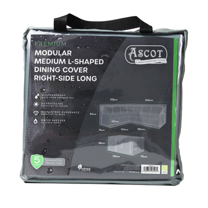 Premium Modular Medium L Shaped Dining Cover (right side long) - 260/184 X 210/134 X 76 (D) X 60/82 (H)
Table: 155 X 95 X 68 H