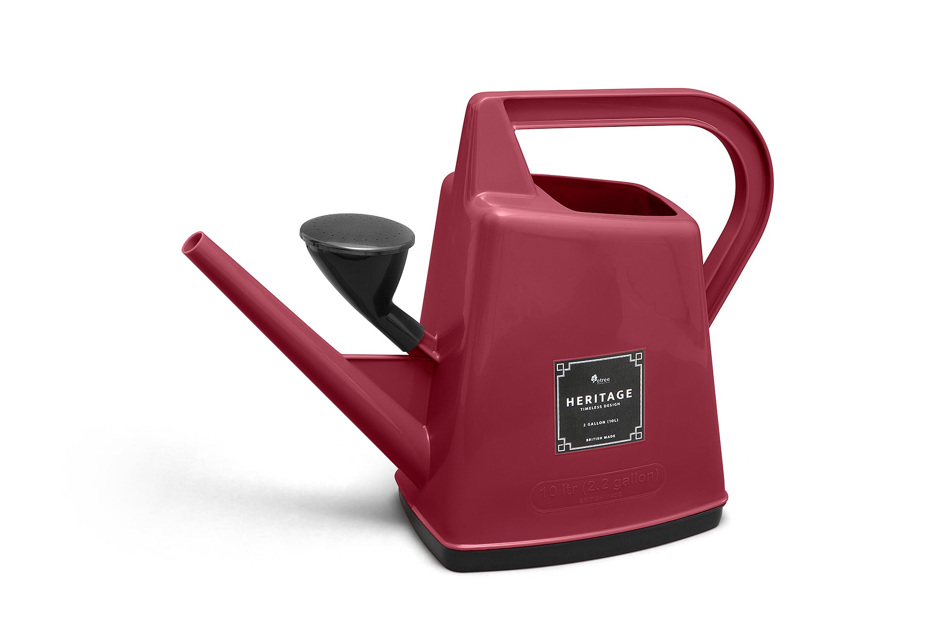heavy duty watering can in red and black with rose attachment in red