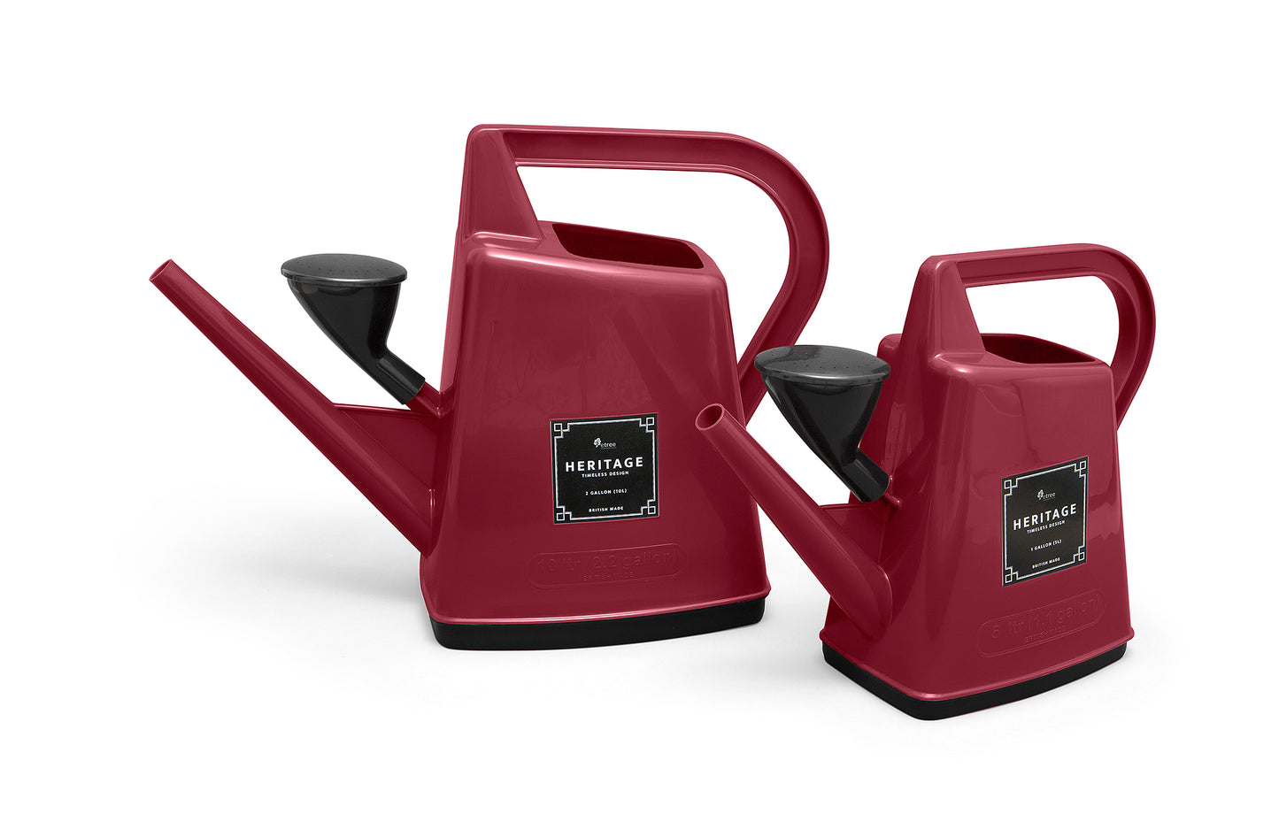1 gallon and 2 gallon watering cans in heritage red / black plastic with nozzle sprinkler head