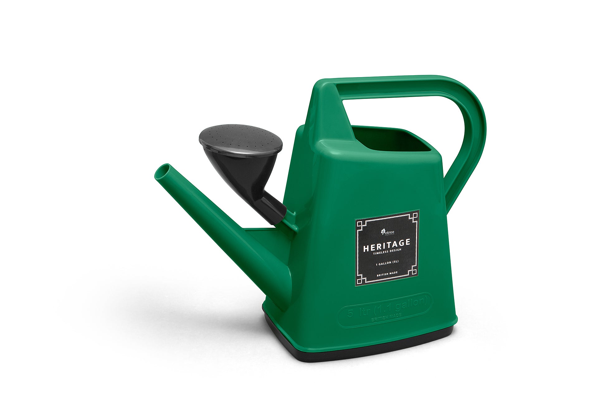 5 litre or 1 gallon plastic watering can in bright green with rose end sprinkler attachment for nematodes